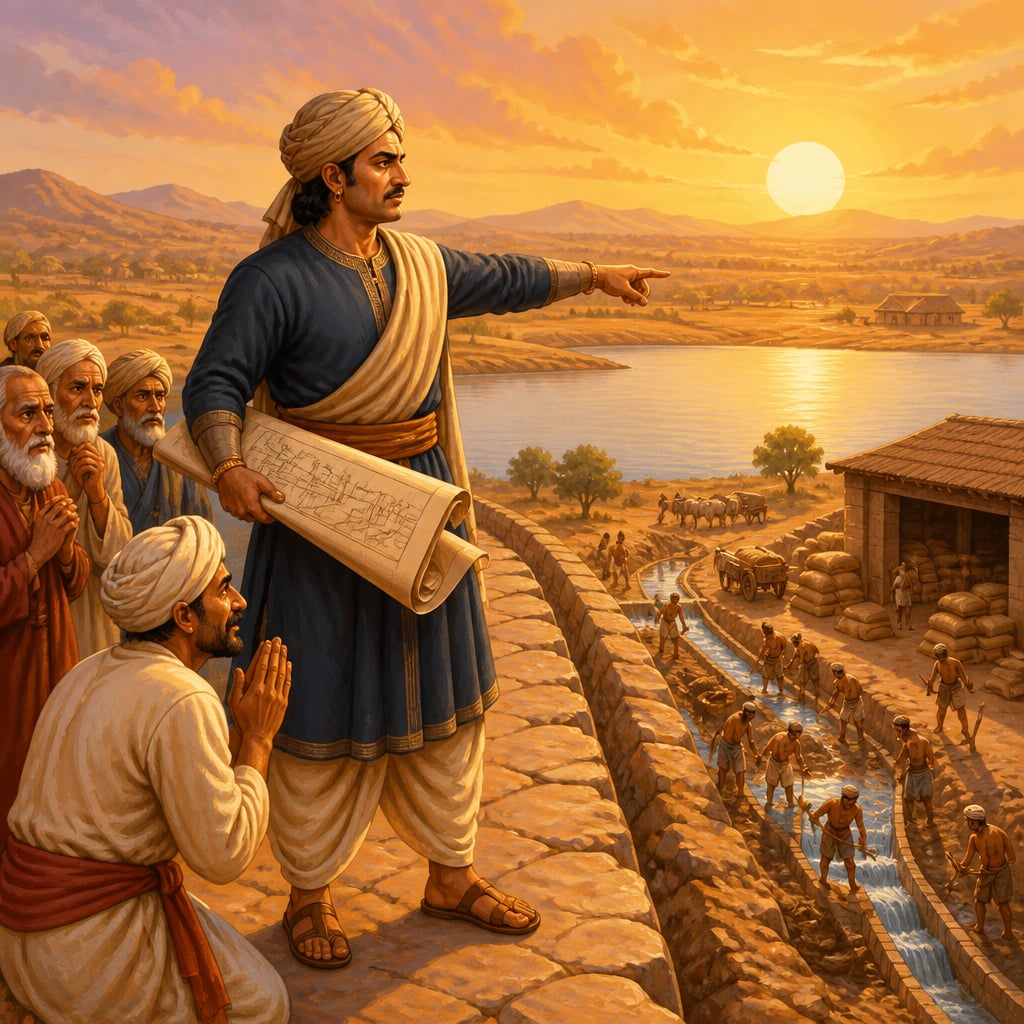 Pushyagupta opening granaries during the Saurashtra drought