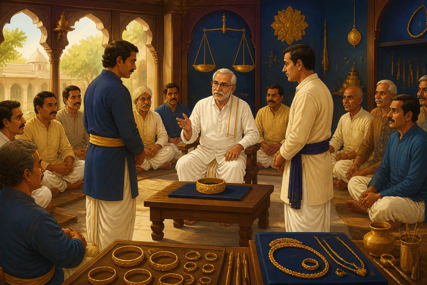 Goldsmiths' shreni guild adjudicating a workmanship case