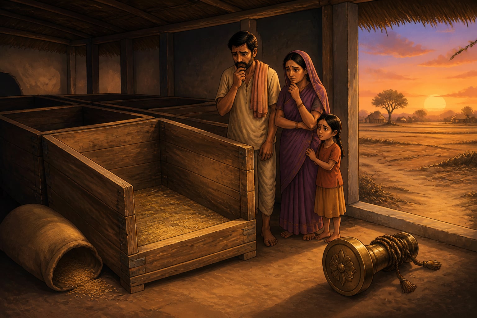 Empty village granary at dusk after over-taxation