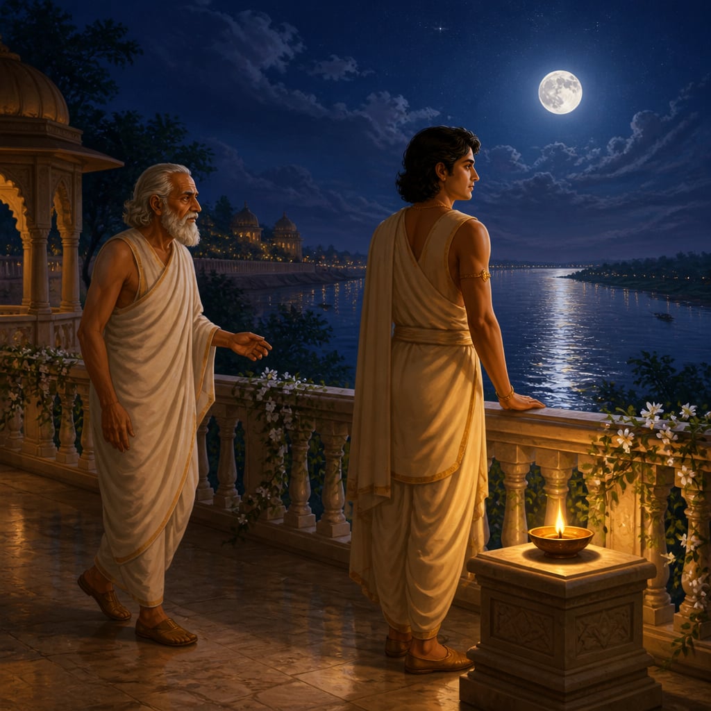 Old minister Katyayana approaching Chandragupta on the moonlit Ganges terrace