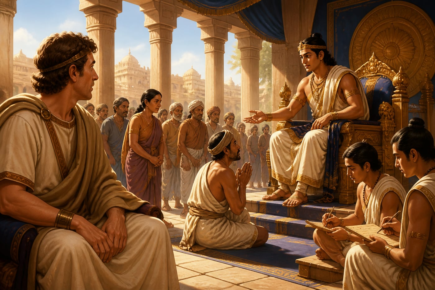 Megasthenes watching Chandragupta personally adjudicate citizens' cases