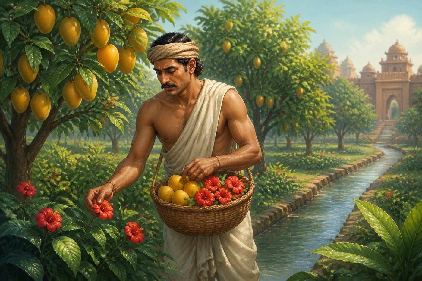 A royal gardener gathering fruit and flowers without harming the trees