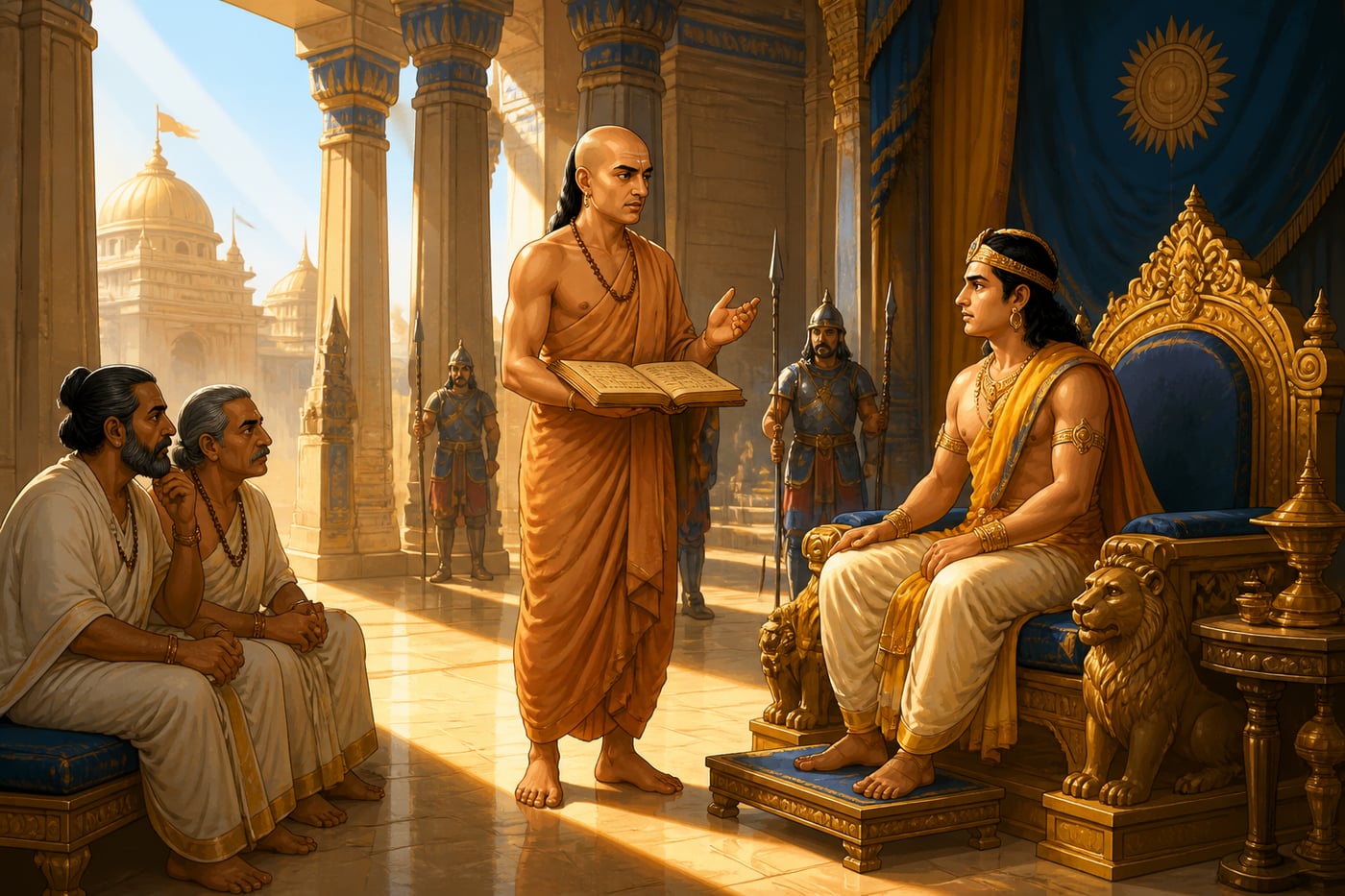 Kautilya counselling young Chandragupta in the Mauryan throne room