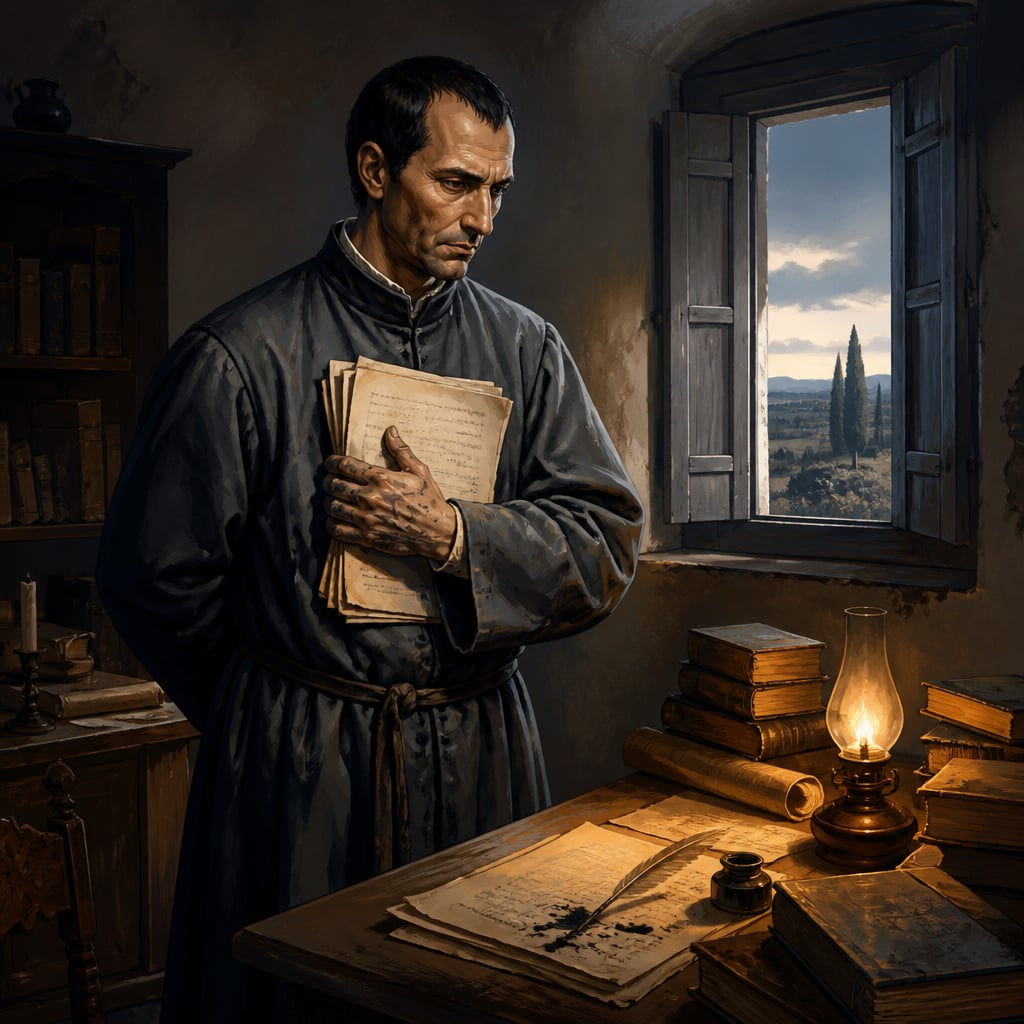 Machiavelli pacing his Florence study while drafting The Prince in 1513