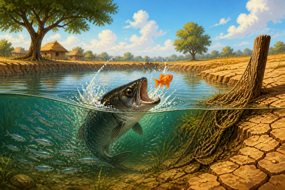 Matsya nyaya, the law of the fish, played out in a village pond