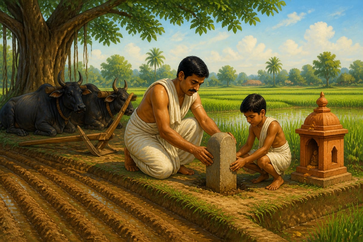 A village farmer setting a stone boundary marker on his own rice plot