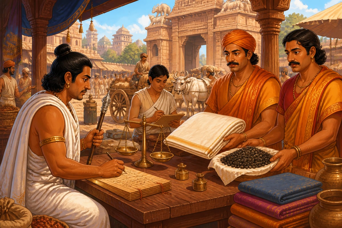 A Mauryan royal trade superintendent recording market prices and quantities