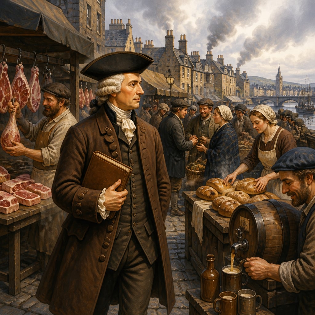 Adam Smith observing tradesmen in a Glasgow market street, 1763
