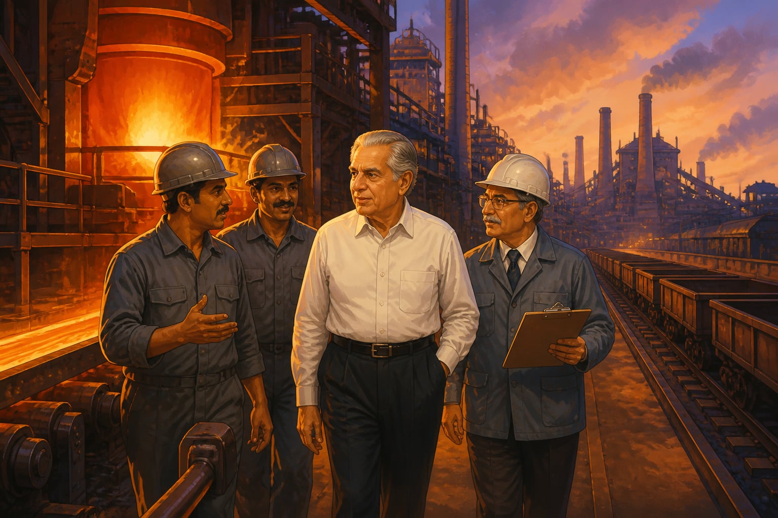 JRD Tata walking the Tata Steel Jamshedpur mill floor in the early 1970s