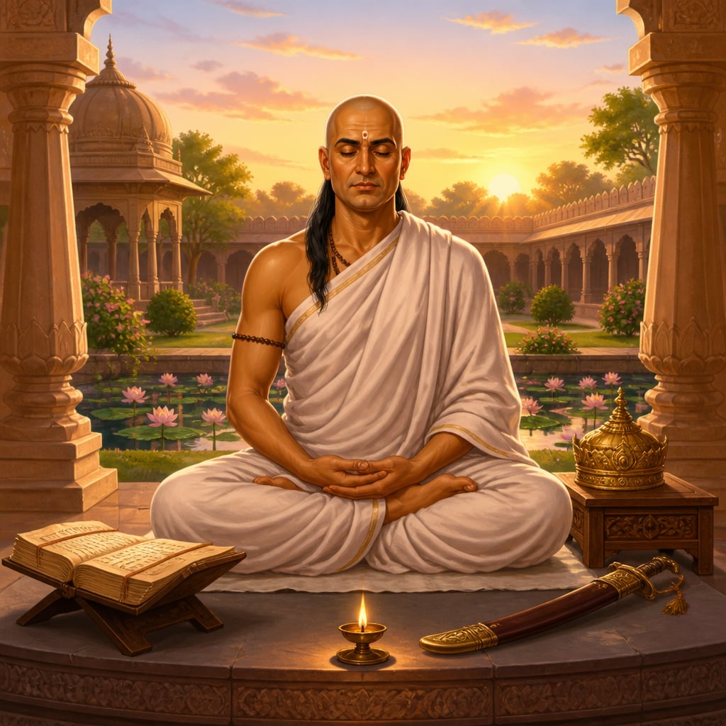 A Mauryan rajarshi sage-king in dawn meditation with shastra and sword in balance