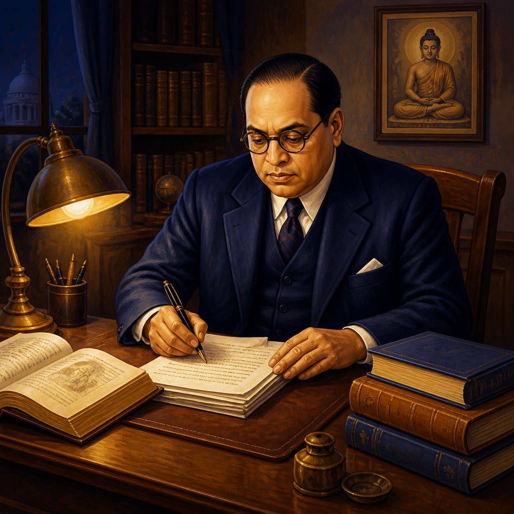 Dr BR Ambedkar drafting the Indian Constitution beside Arthashastra and Locke, 1948