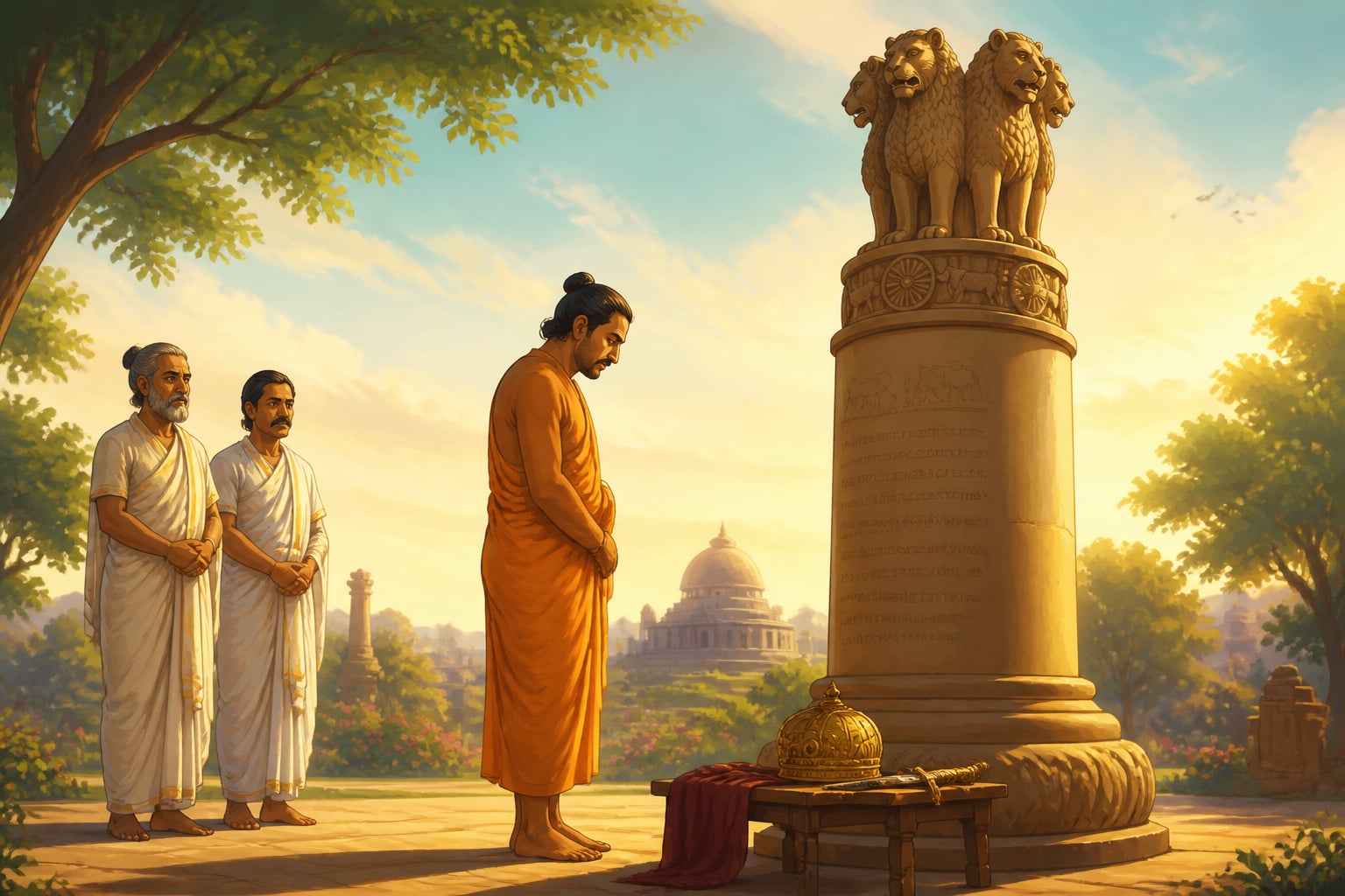 Emperor Ashoka humbly reading his own Sarnath dharma edict pillar