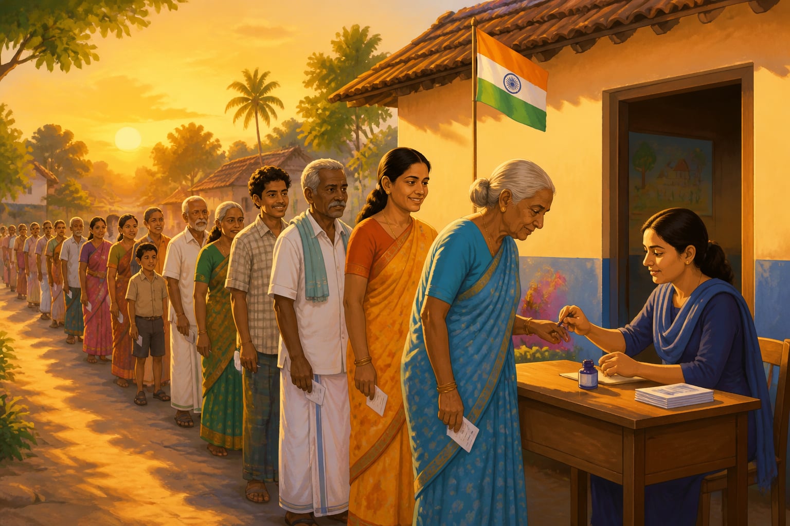 Indian rural voters queueing at a village polling station at dawn
