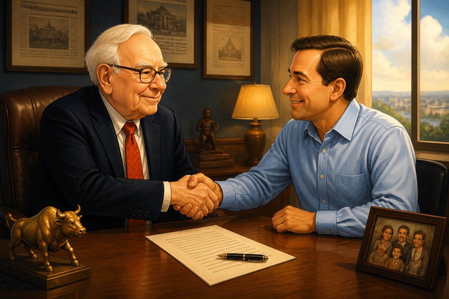 Warren Buffett shaking hands on a friendly acquisition in Omaha