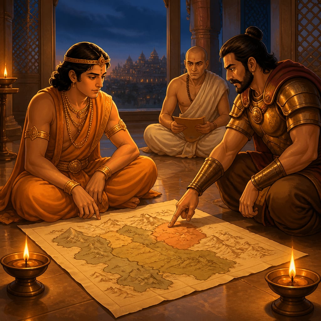Chandragupta studying a feudatory map with Bhadrabahu and Kautilya