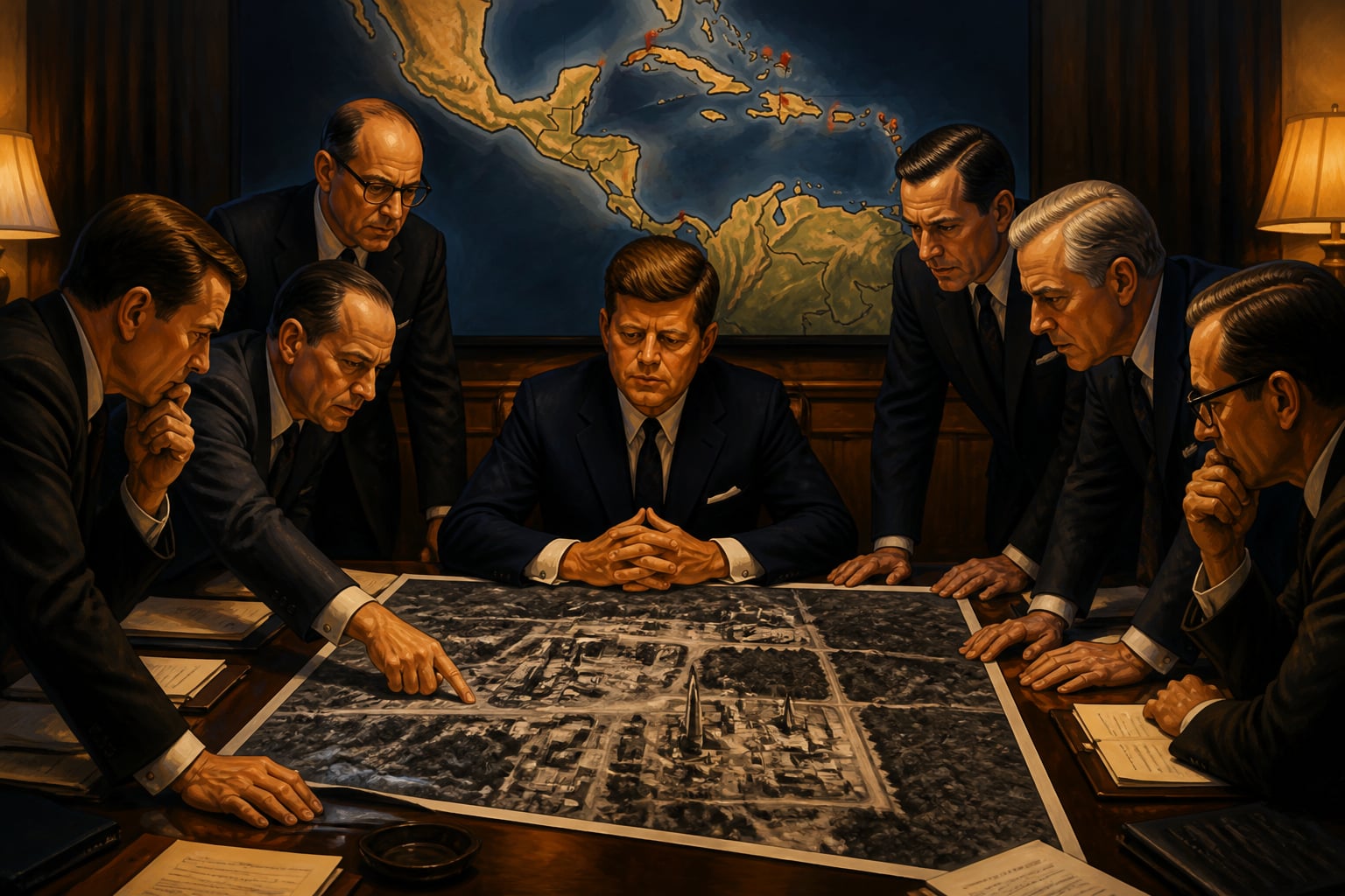 Kennedy and ExComm during the October 1962 Cuban Missile Crisis briefing