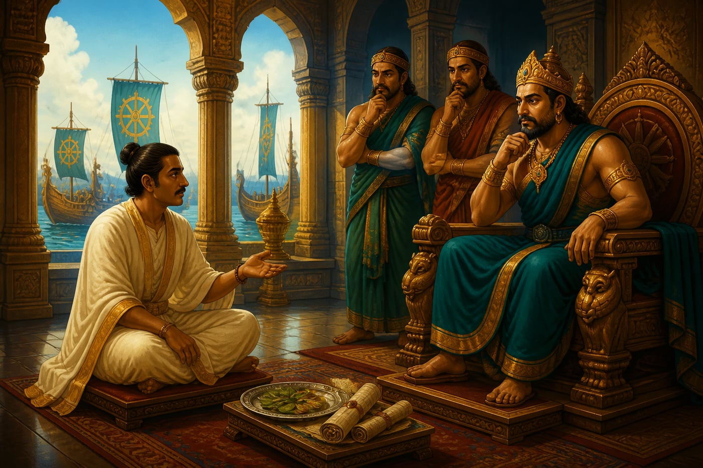 Mauryan envoy presenting a treaty proposal at the Kalinga royal court