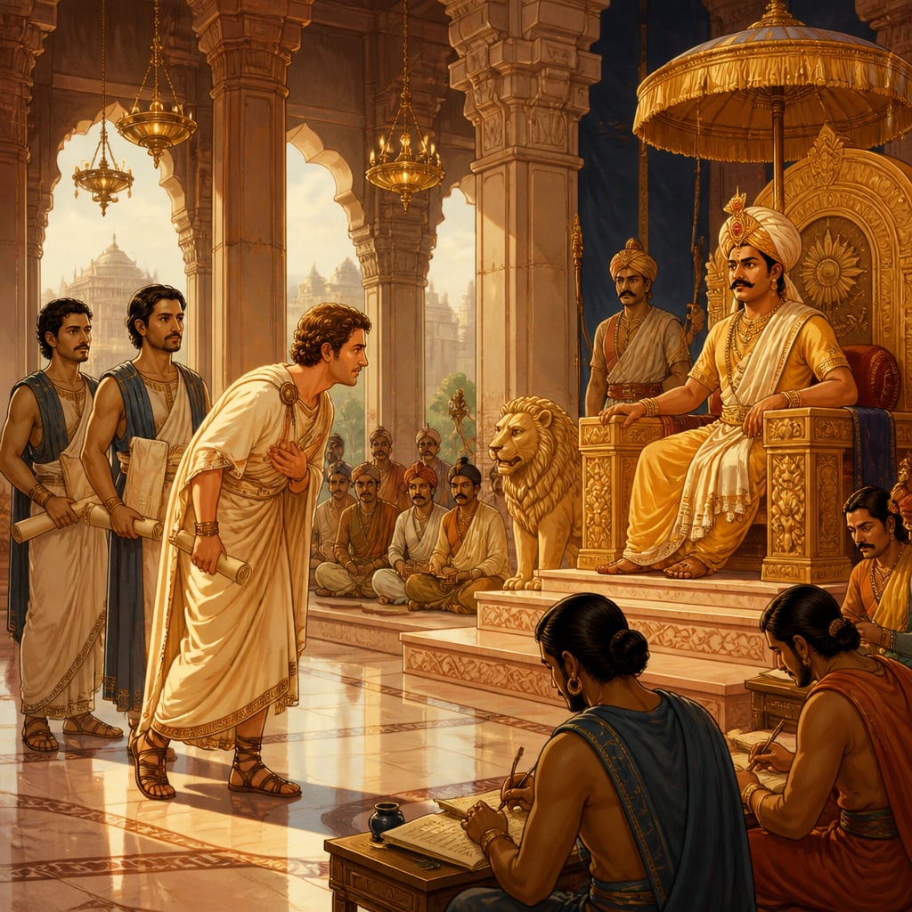 Megasthenes the Greek ambassador arriving at the Mauryan court at Pataliputra