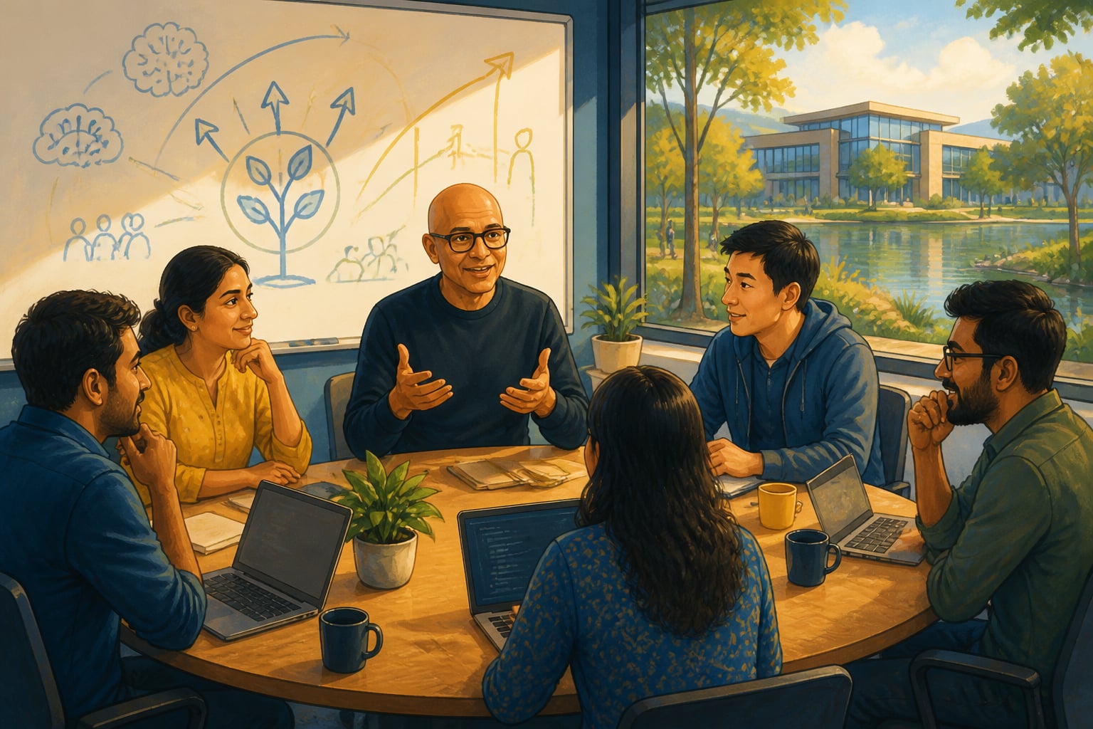 Satya Nadella leading a culture-change discussion at Microsoft Redmond