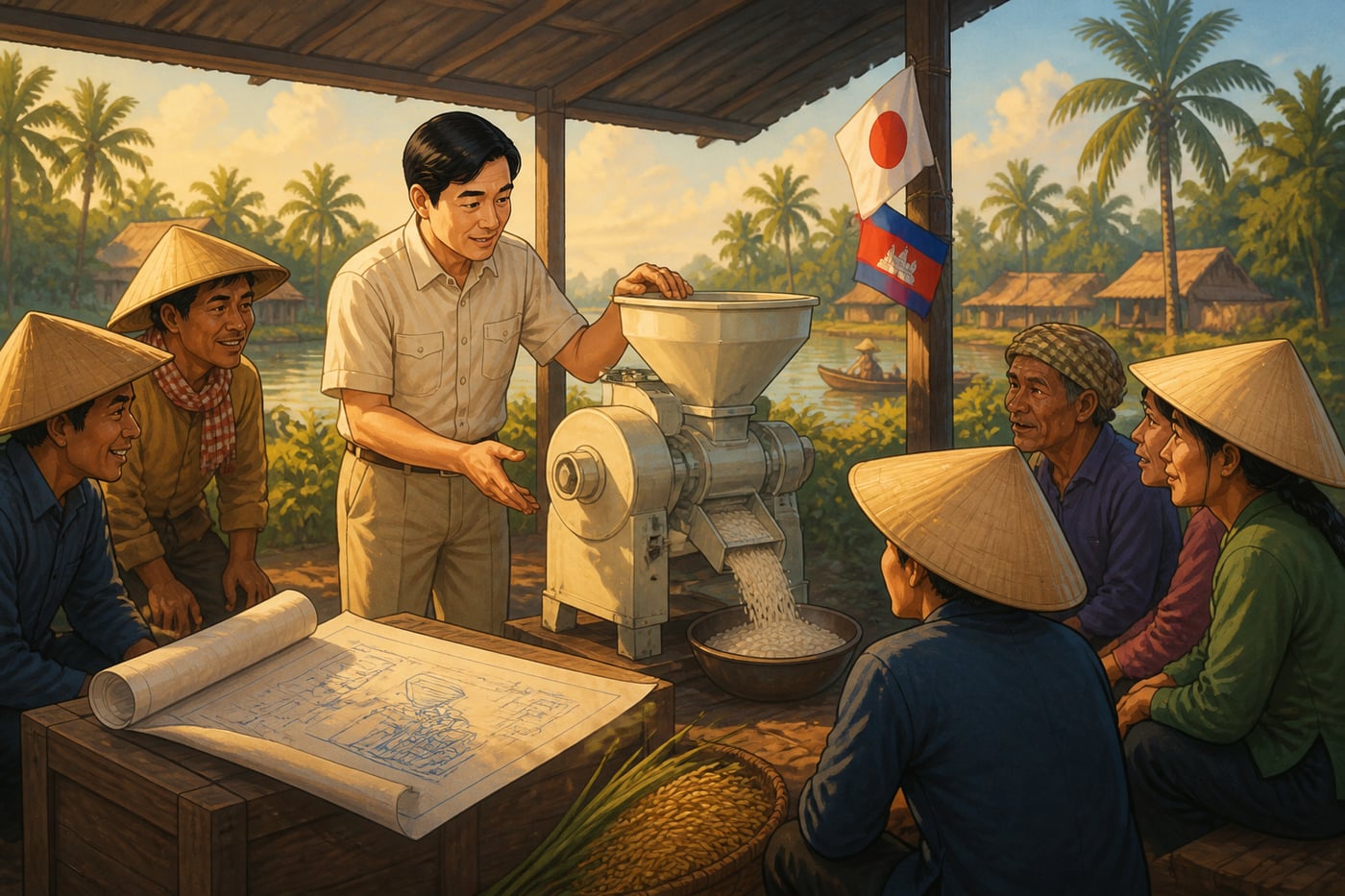 Japanese aid technician demonstrating a rice mill to Mekong farmers