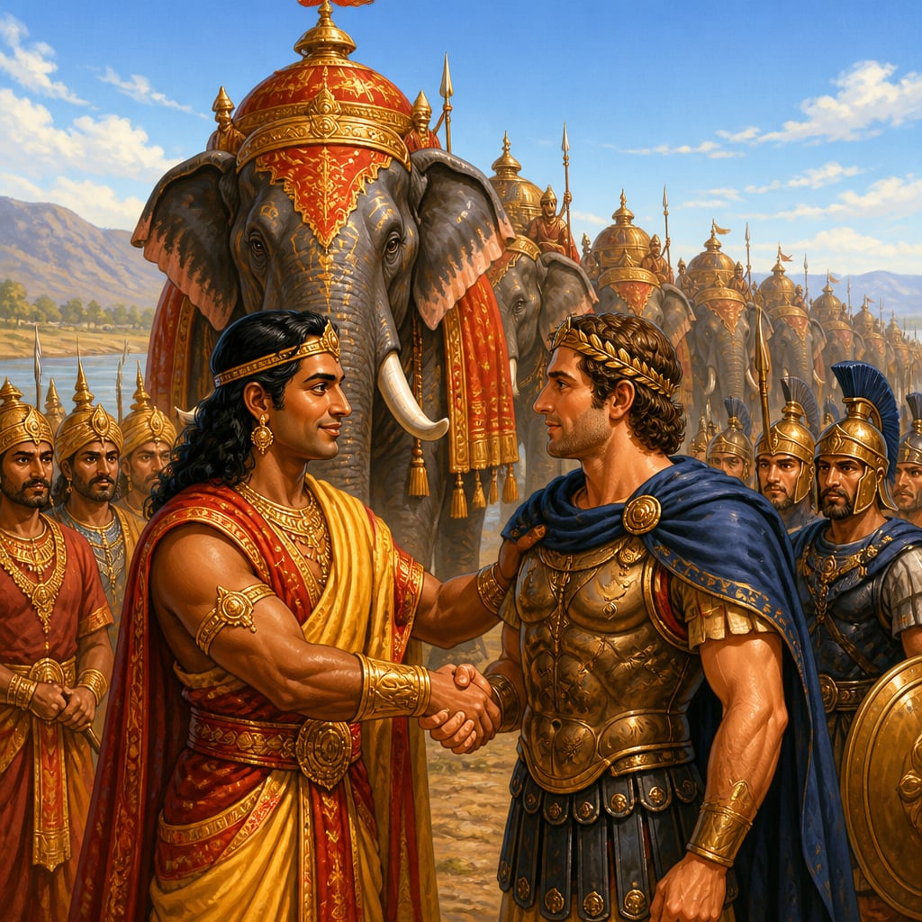 Chandragupta handing over five hundred war elephants to Seleucus Nicator