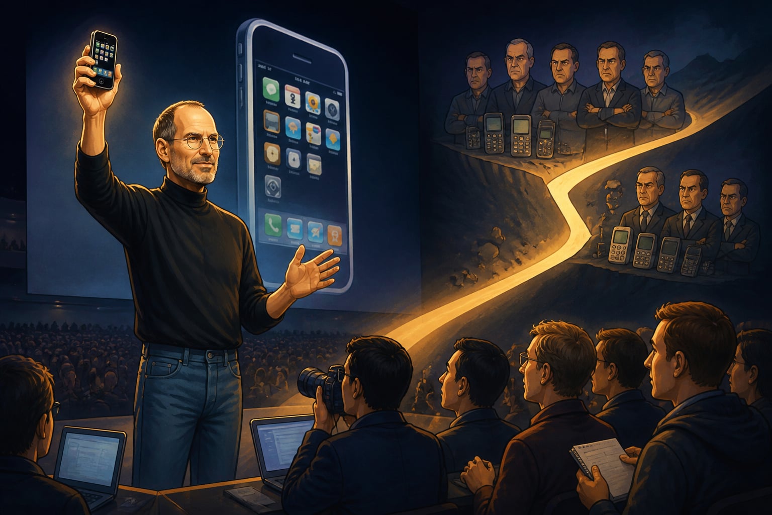 Steve Jobs revealing the first iPhone on the 2007 keynote stage