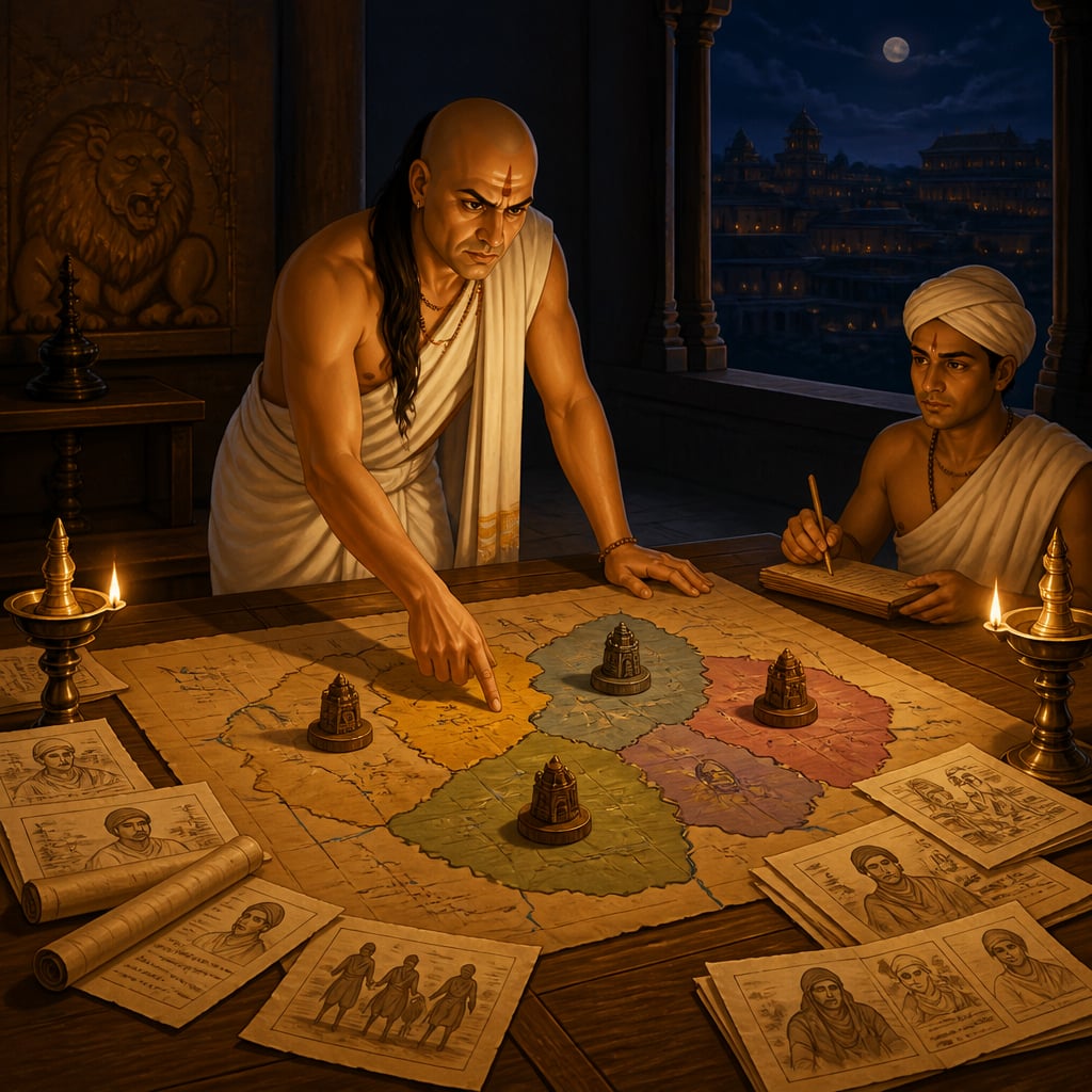 Kautilya reading the five-kingdom coalition at his Pataliputra war table