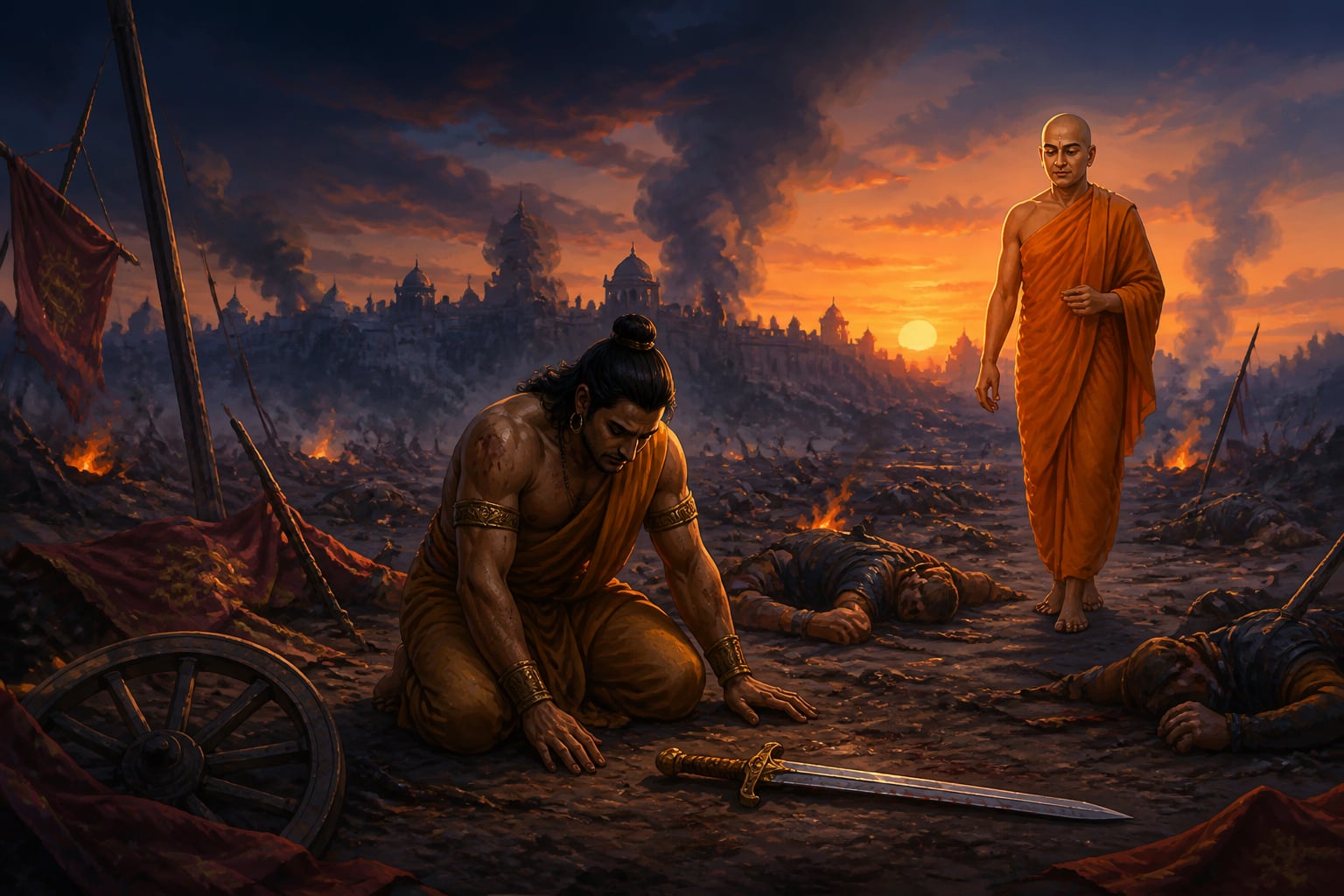 Ashoka kneeling on the Kalinga battlefield at dusk after the war