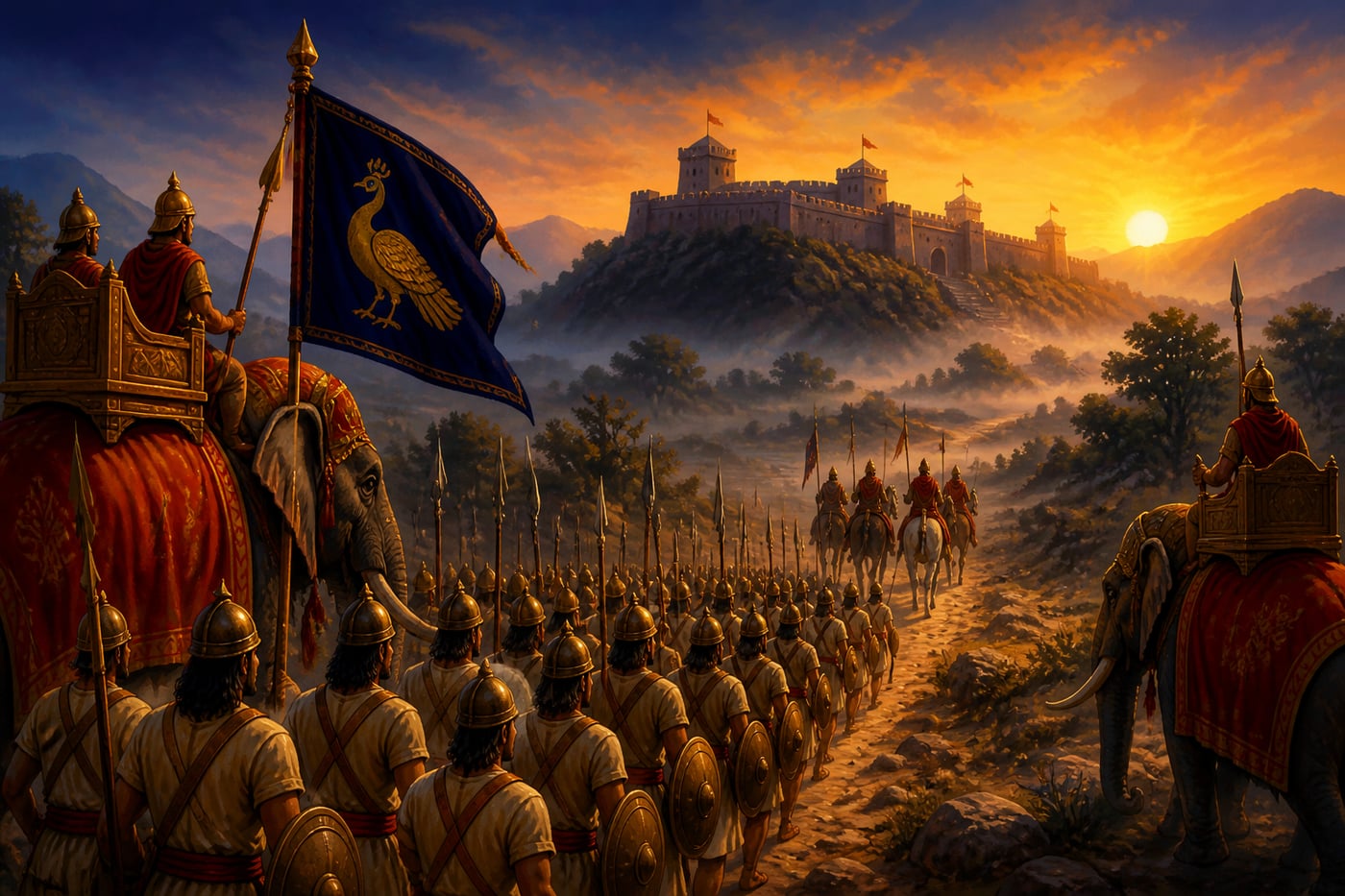 A Mauryan campaign marching toward a rebellious governor's fortress at dawn
