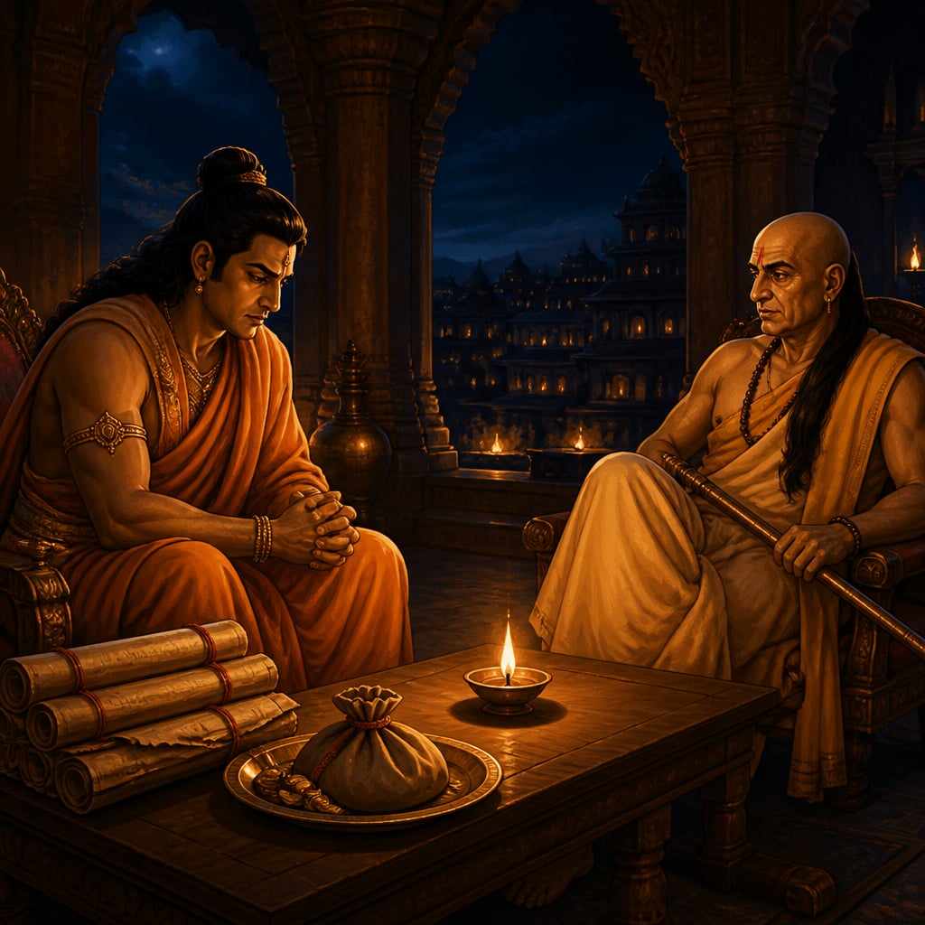 Chandragupta and Kautilya at the moment force becomes the only remaining path