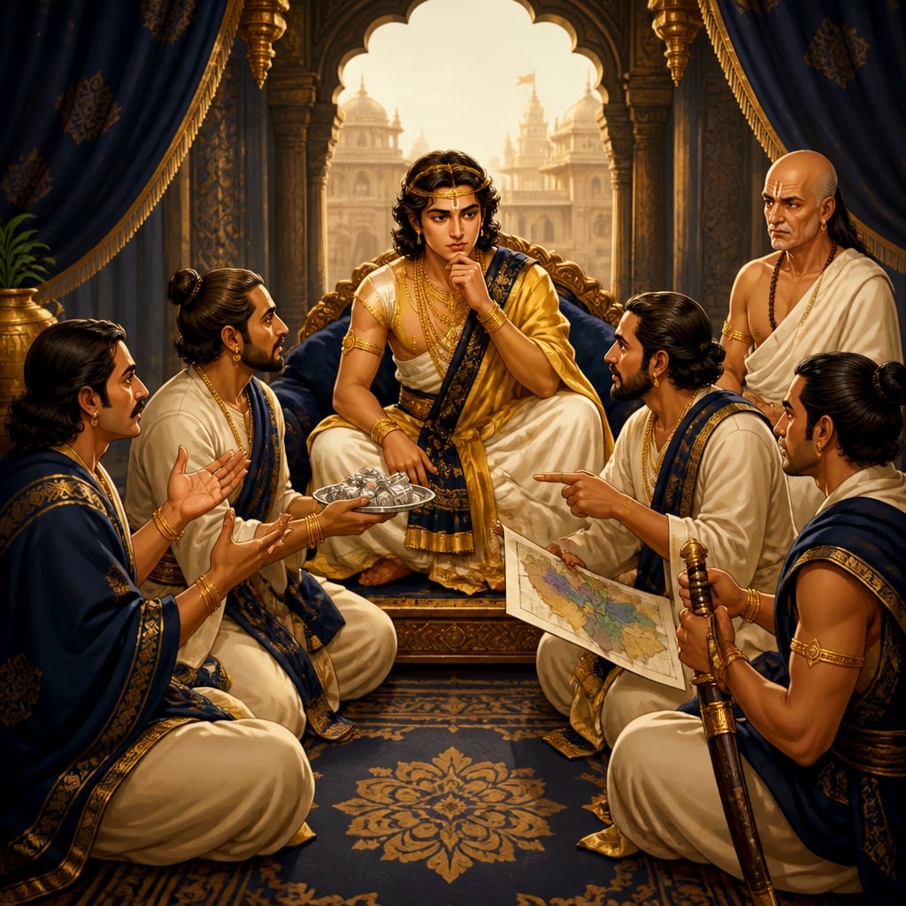 Four advisors urging different methods before Chandragupta at his throne
