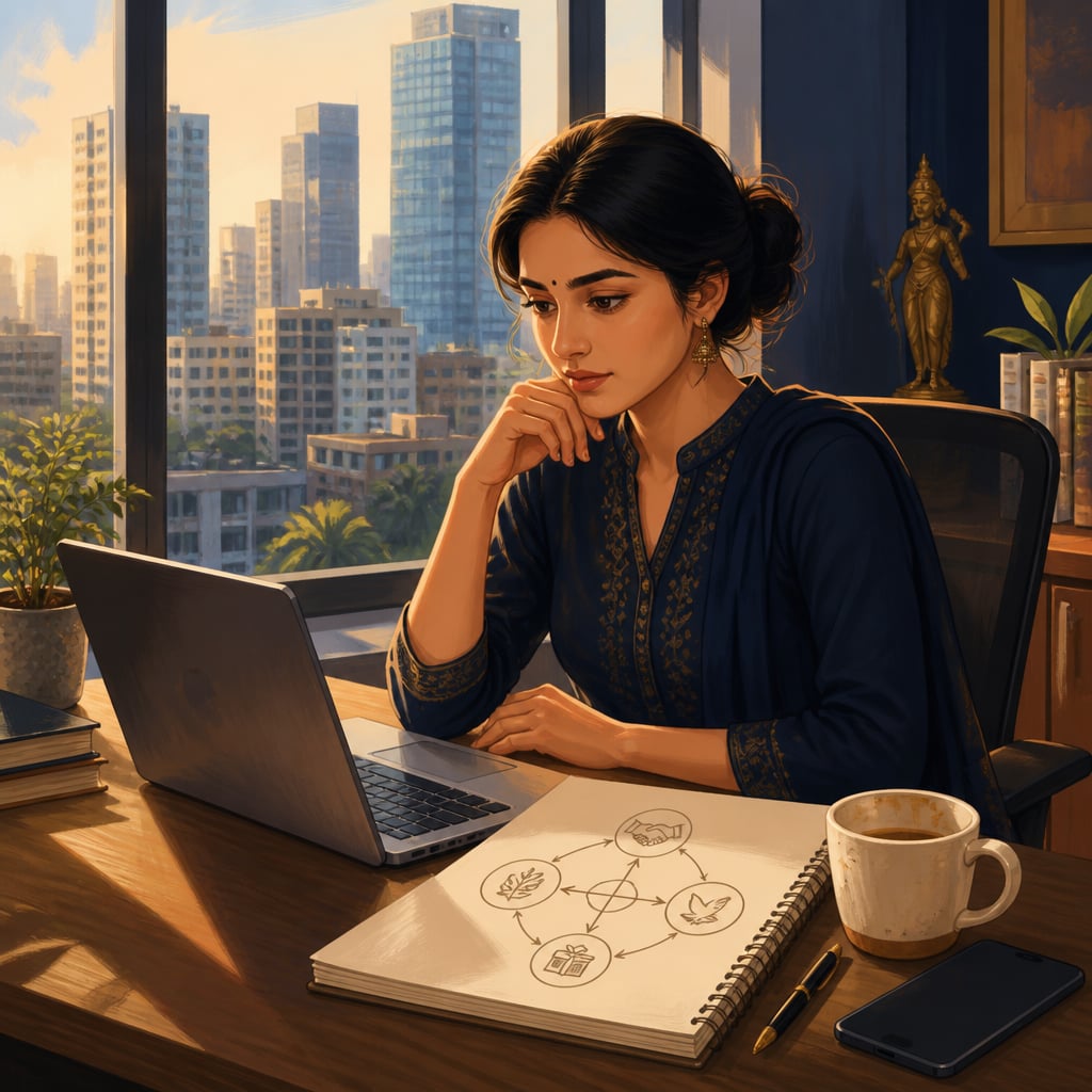 Young Indian professional working through stakeholder influence at her Mumbai desk