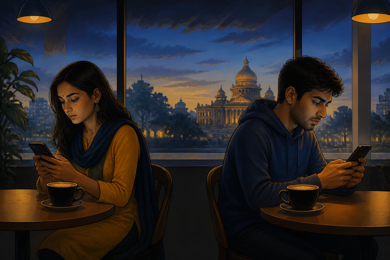 Two Bengaluru cafe patrons scrolling different polarized feeds on adjacent tables