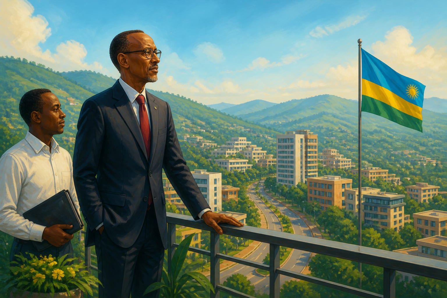 Paul Kagame surveying rebuilt Kigali from a balcony