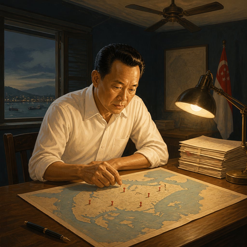 Lee Kuan Yew at his 1965 Singapore office over a map