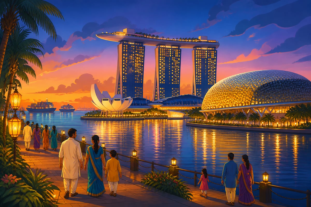 Modern Singapore skyline at dusk over Marina Bay