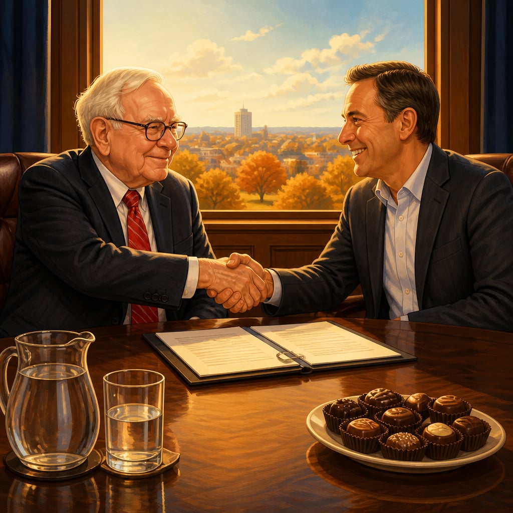 Buffett shaking hands with a chief executive at an Omaha boardroom