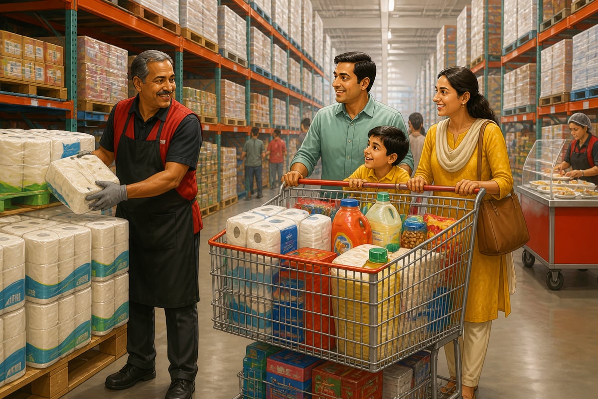 Costco warehouse aisle with employee and family shopping