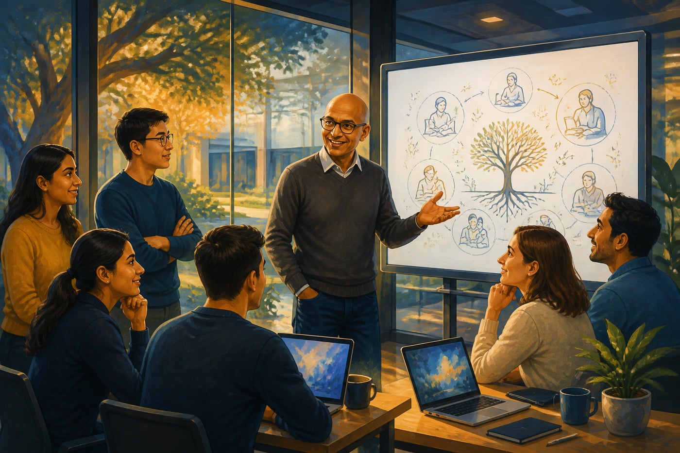 Satya Nadella with a Microsoft engineering team in Redmond