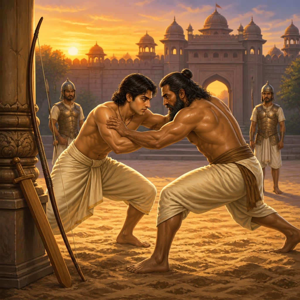Chandragupta wrestling at dawn in the Pataliputra courtyard