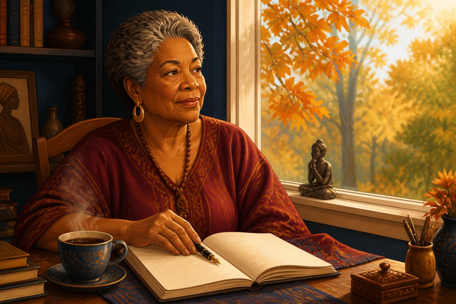 Maya Angelou pausing at her writing desk