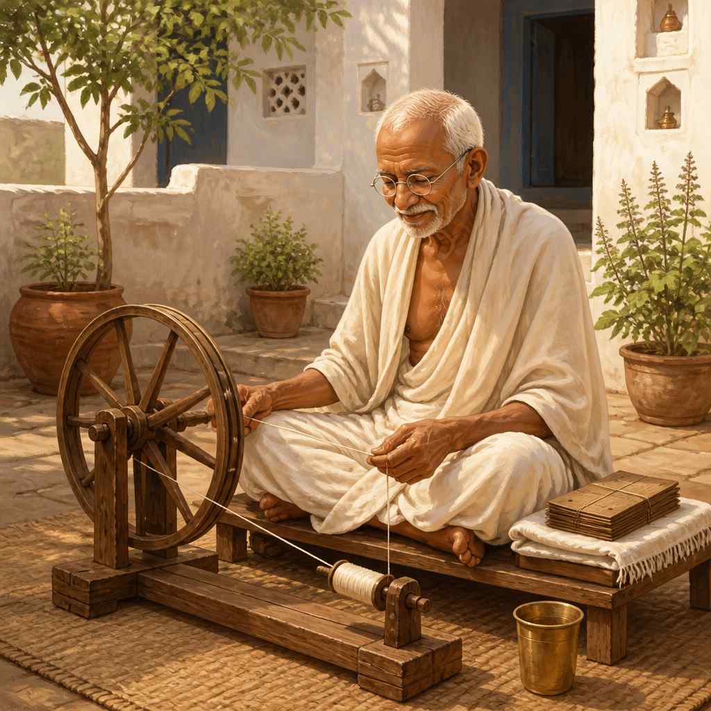 Gandhi spinning the charkha at Sabarmati Ashram