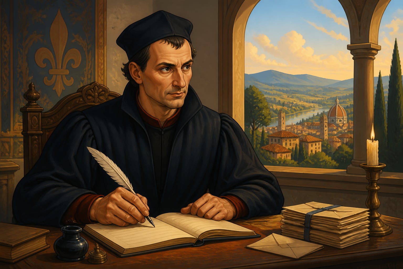 Machiavelli writing The Prince in 1513 Florence