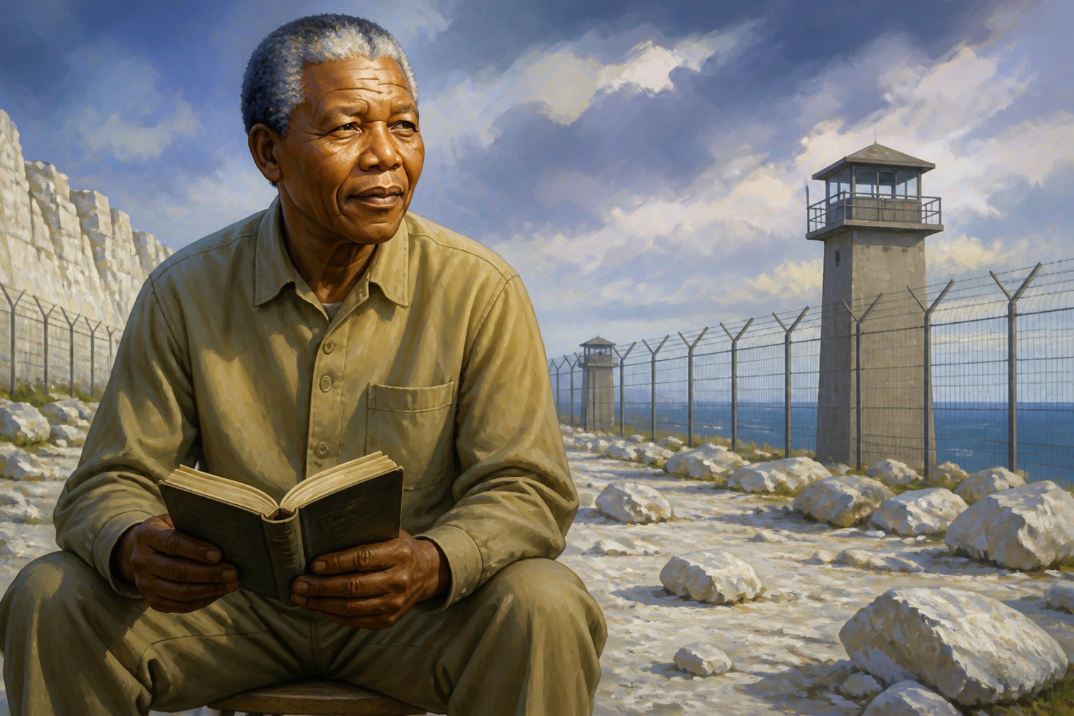 Mandela reading on Robben Island in the mid-1980s