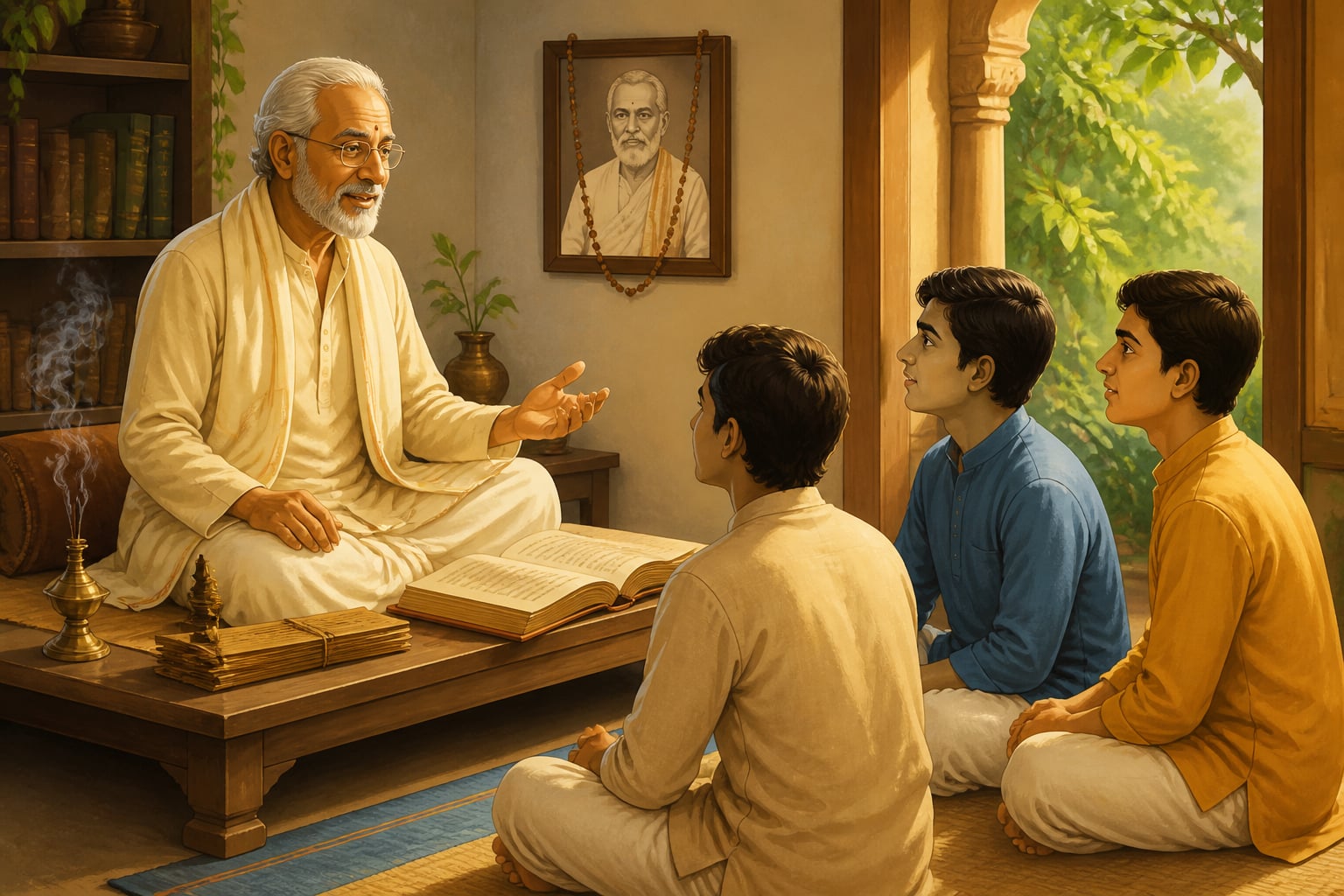 Elder teaching three younger students on a wooden takht