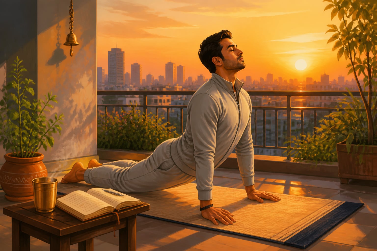 Young professional doing surya namaskar at dawn