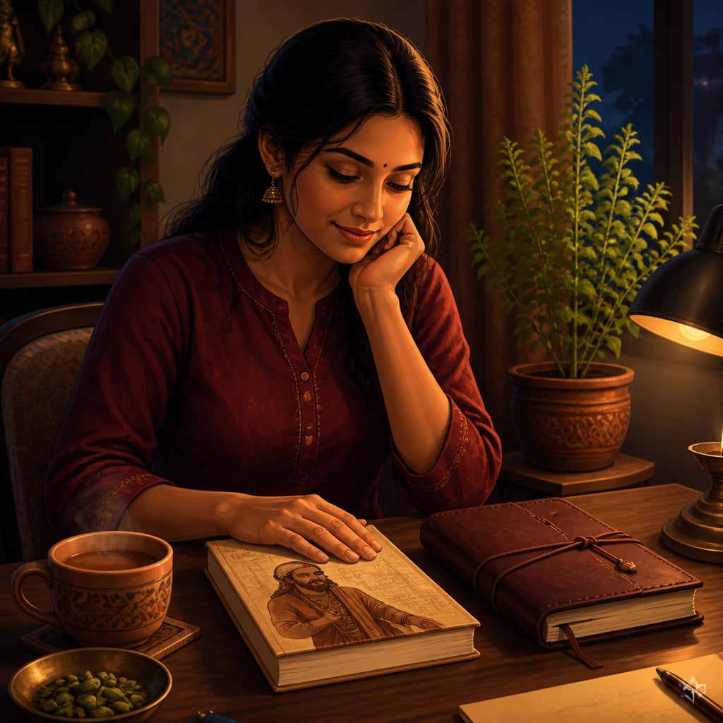 Young woman with the Arthashastra at her home study desk