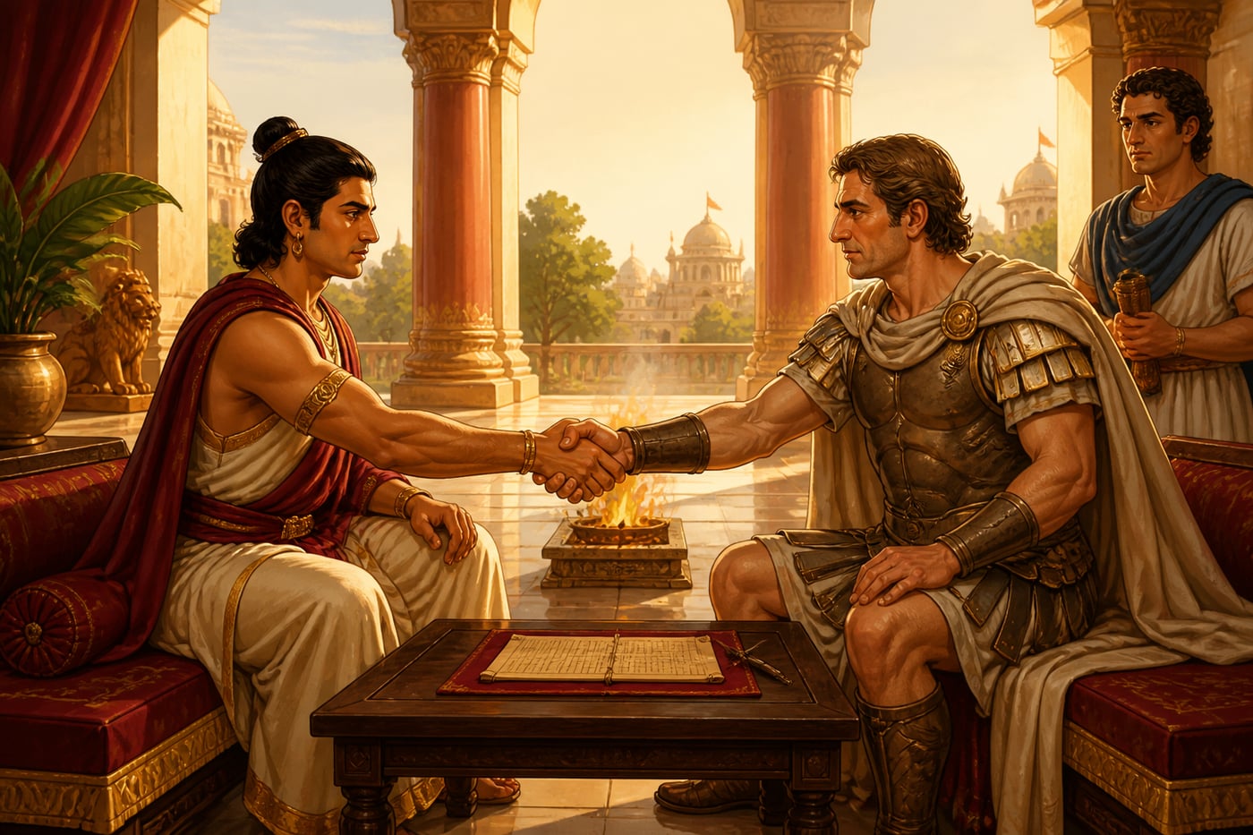 Chandragupta and Seleucus sealing the Mauryan-Seleucid treaty