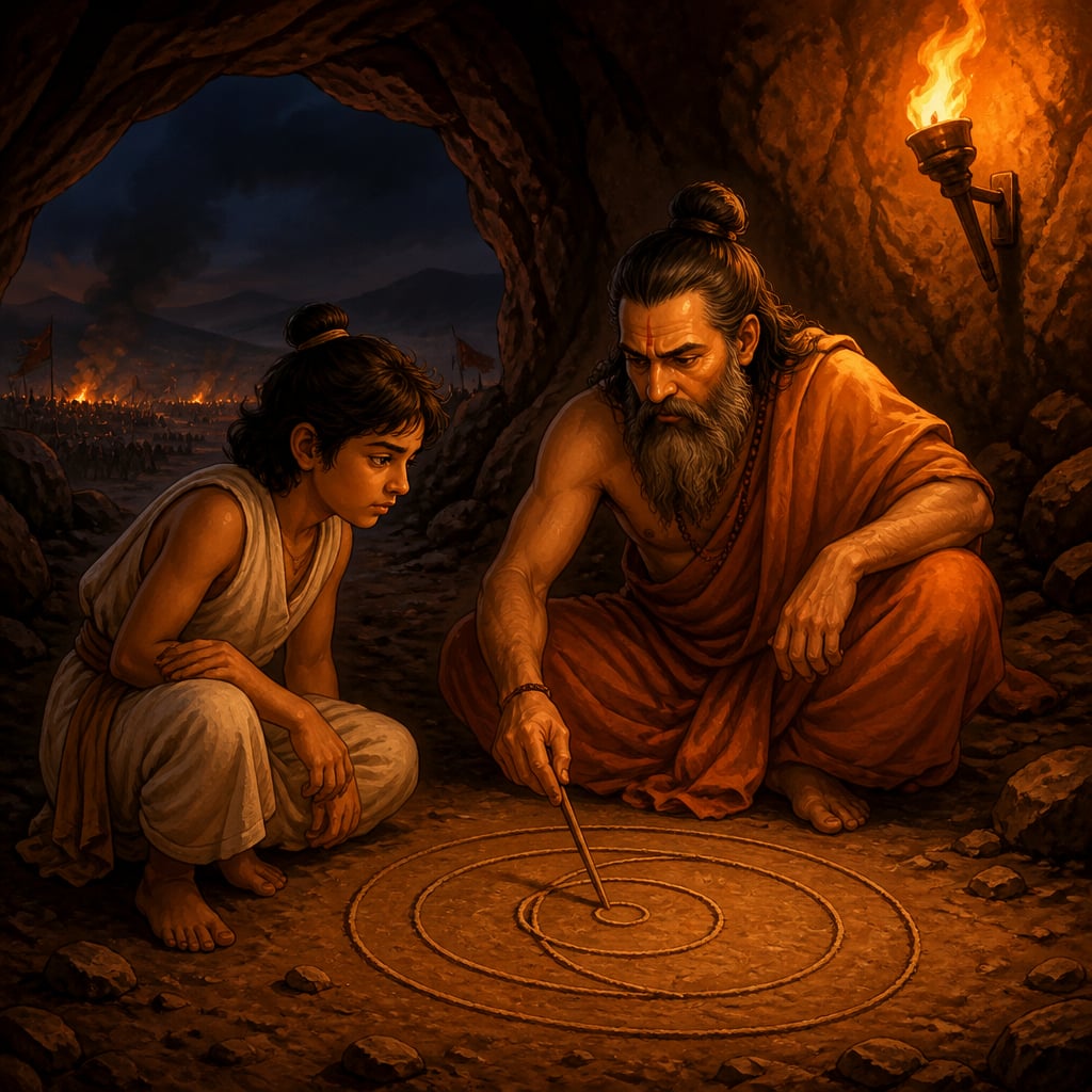 Kautilya tracing dust circles for young Chandragupta in a Takshashila cave
