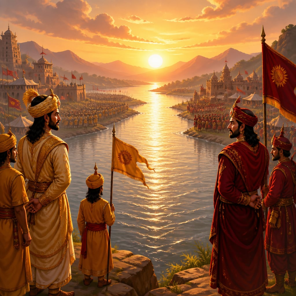 Prasenjit and Ajatashatru watching each other across the Ganga